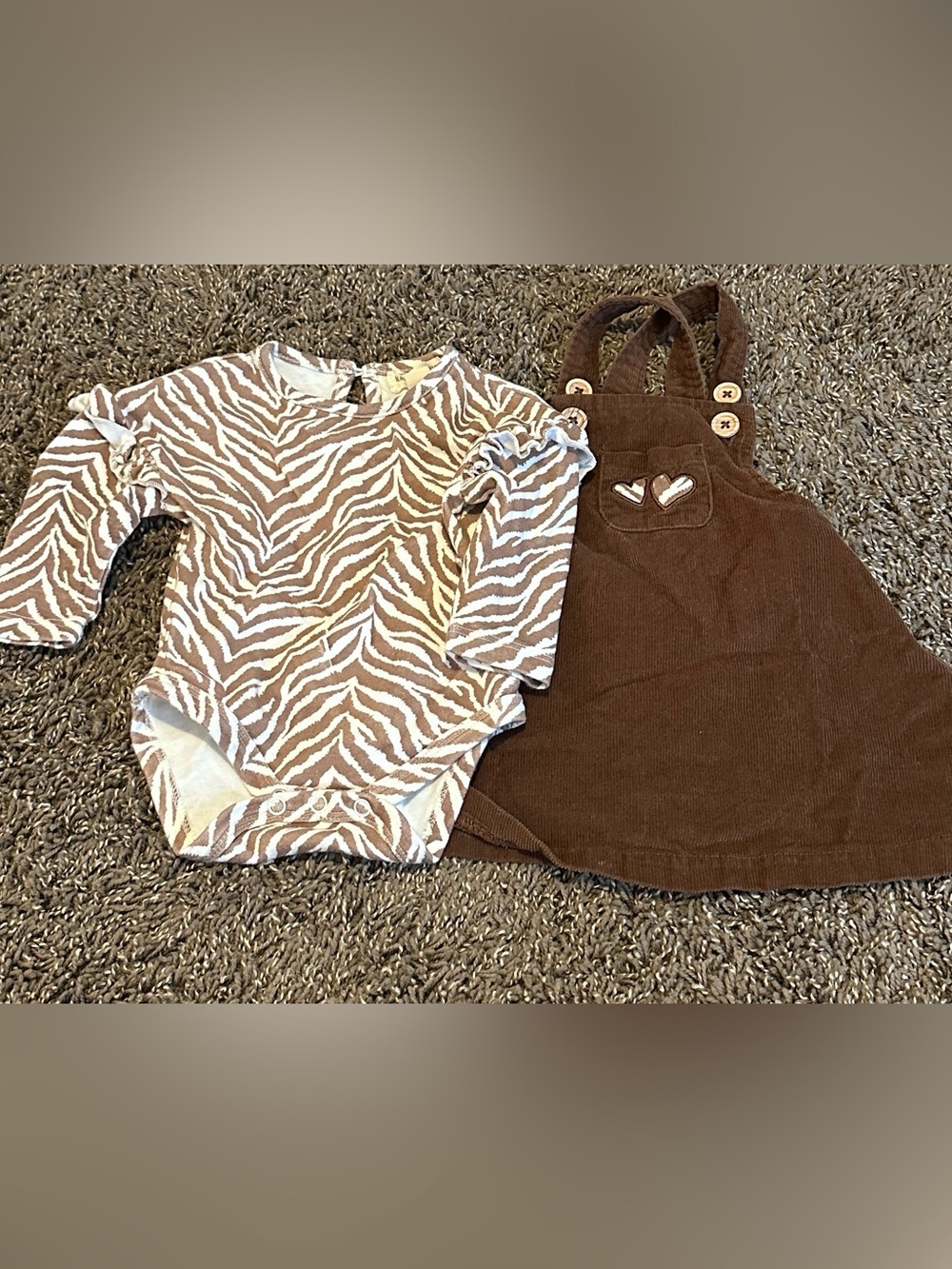 Brown Zebra Print Bodysuit and Brown Corduroy Pinafore Set - Kids Dresses
